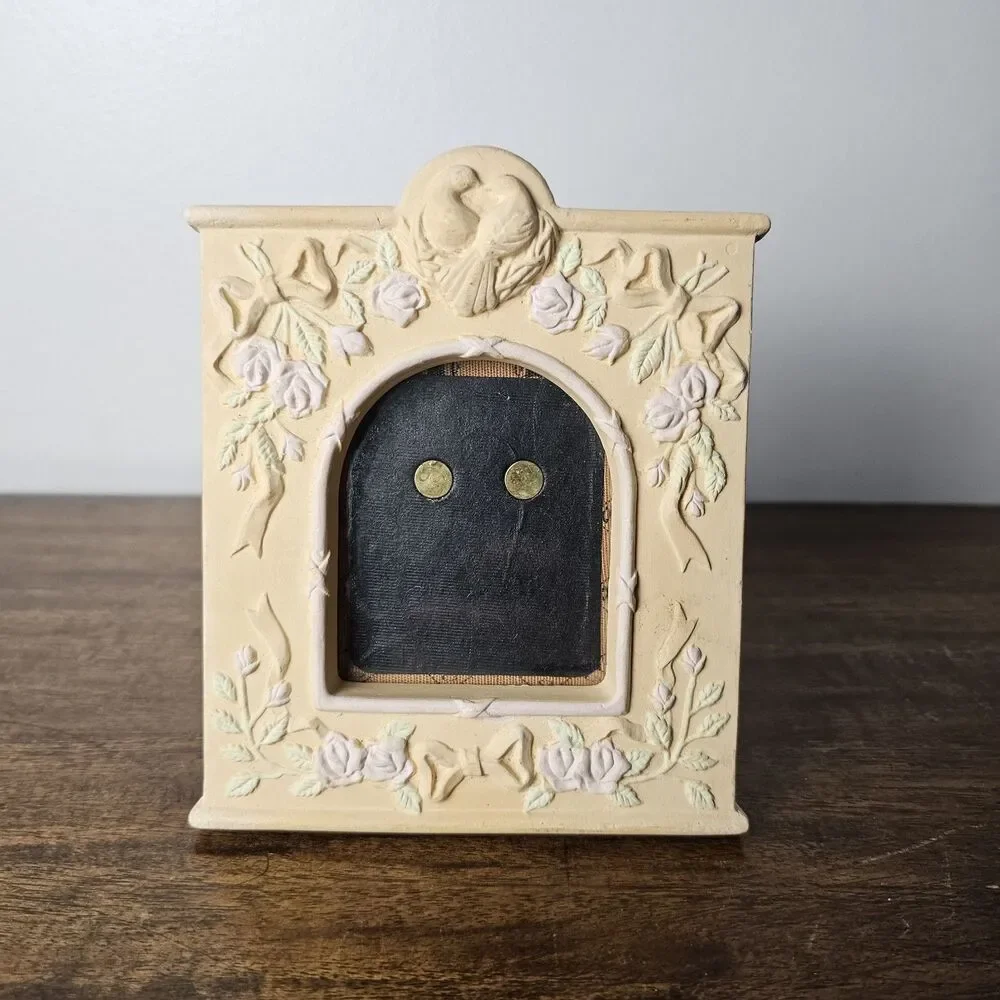 Vintage Ceramic Picture Frame with Roses & Doves Peach Floral Photo Frame
